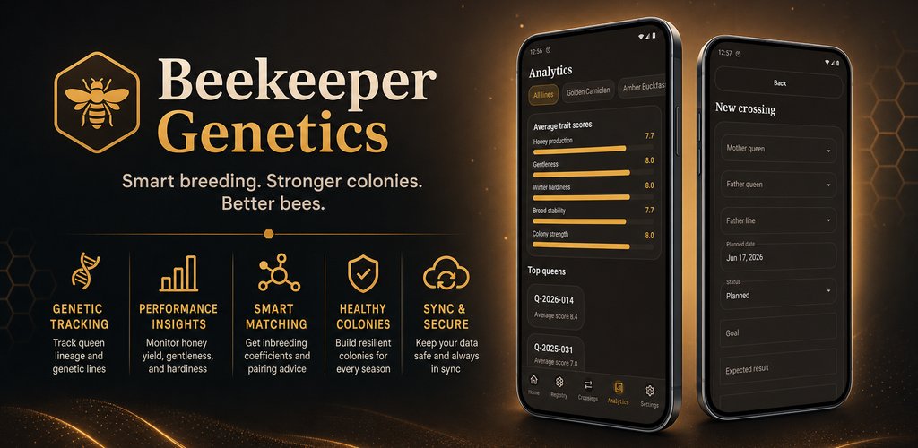 Beekeeper Genetics app banner showing analytics and crossing screens